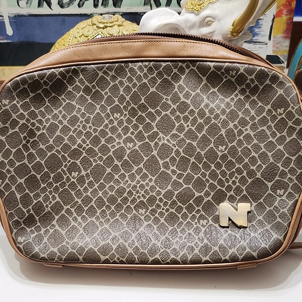 Nina Ricci Signature Logo Handbag Shoulder Bag Leather Tan Brown Animal Vtg Rare